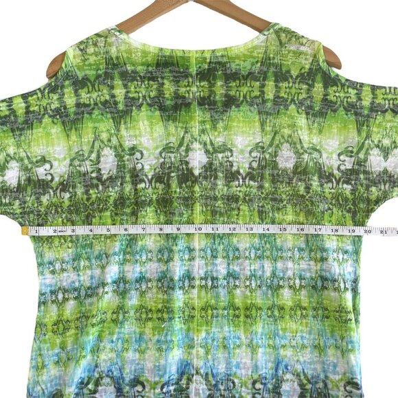 Jess & Jane Womens Tie Dye Tunic Top L Artsy Rhinestone Shark Bite Green Blouse - Picture 9 of 13